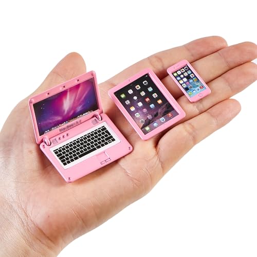 Puppenhaus-Möbelzubehör, Miniatur, Maßstab 1:12, Metall, Laptop, Tablet, Smartphone, Puppenhaus, Mini-Spielset, Zubehör, 3 Stück (Rosa) von Aanxufa