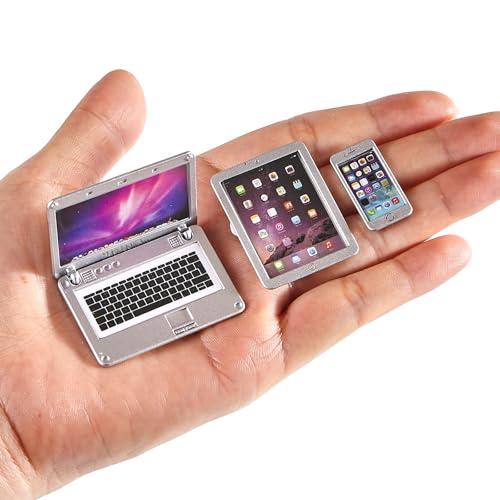 Puppenhaus-Möbelzubehör, Miniatur, Maßstab 1:12, Metall, Laptop, Tablet, Smartphone, Puppenhaus, Mini-Spielset, Zubehör, 3 Stück (Silber) von Aanxufa