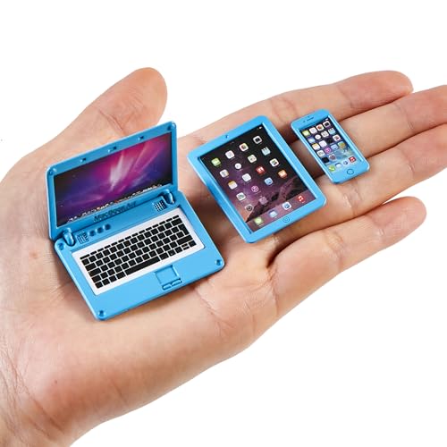 Puppenhaus-Möbelzubehör, Miniatur, Maßstab 1:12, Metall, Laptop, Tablet, Smartphone, Puppenhaus, Mini-Spielset, Zubehör, 3 Stück (blau) von Aanxufa