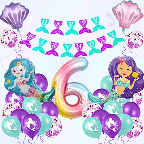 Aapxi Meerjungfrau Geburtstag Deko Luftballons,6 Jahre Alt Kindergeburtstag Deko Luftballon,Mädchen Geburtstag Deko XXL Regenbogen Zahlen Folienballon,Happy Birthday Girlande von Aapxi