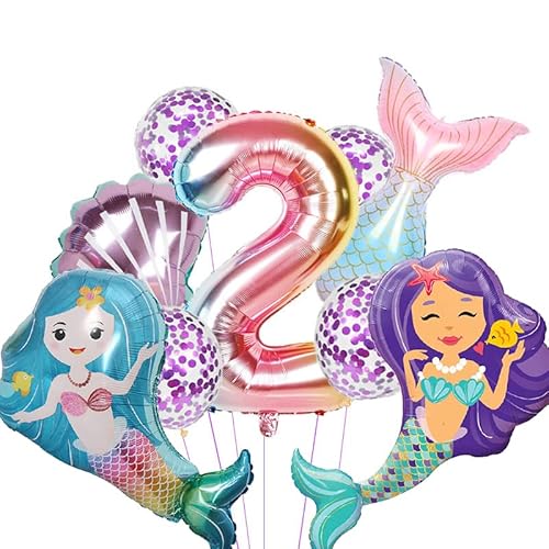 Aapxi Meerjungfrau Luftballons set 2 Jahr - Meerjungfrau Kindergeburtstag deko 9 Stücke xxl Folienballon,Geruchloser Heliumballon der Lange Zeit Schwimmt von Aapxi