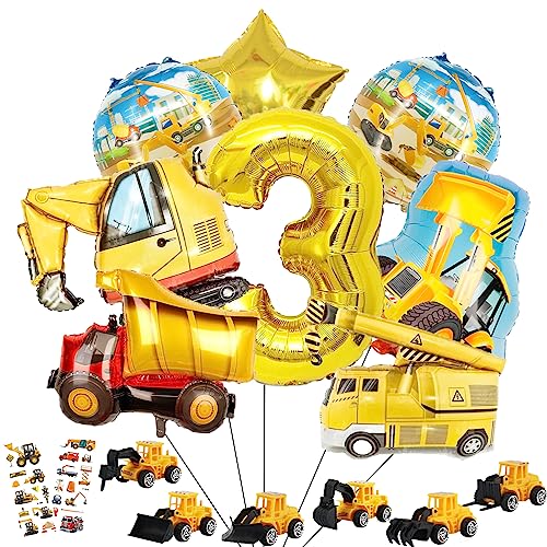 Bagger kinder 3. jahre luftballons geburtstag Deko set,geburtstagsdeko baustelle - Mit 6 Stück Bau-LKW-Modell Spielzeuggeschenken und Aufklebern von Aapxi