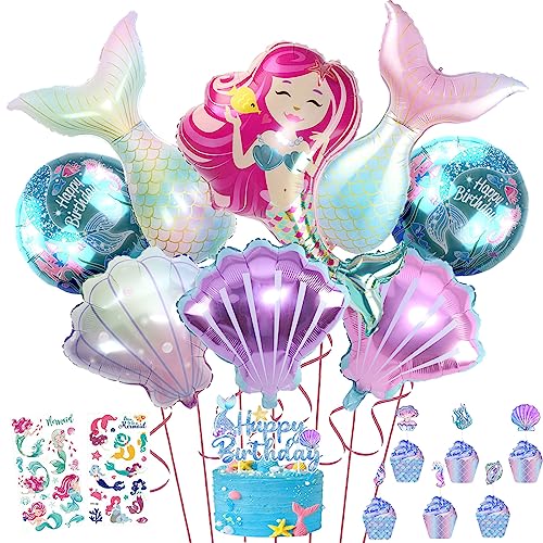 Meerjungfrau Geburtstag Deko set, Kindergeburtstag Luftballon Mädchen, Meerjungfrauen Thema Party Set mit Folienballon, Happy Birthday Girlande, Cake Topper und Tattoos von Aapxi