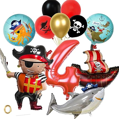 Piraten Kindergeburtstag Deko 4 Jahre- Piraten Geburtstag 4 Jahre Junge - Piraten Deko Kindergeburtstag mit Piratenschiff Spielzeug Piraten Luftballons 4 Piratenparty Deko Luftballons Geburstag von Aapxi