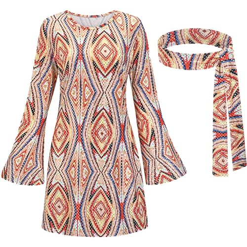 Aayahakawa 60er Jahre Disco Kleid für Damen Hippie Kleid Damen 70er Jahre Hippie Kostüme Disco Retro Damenkostüm Vintage 70er Jahre Kleid Bohemian Hippie Outfit 70er Jahre Kleid (Gelb, S) von Aayahakawa