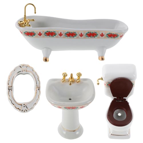 1Satz Keramikmöbel mit Badewanne Toilette Waschbecken und Spiegel Puppenhaus Zubehör für Kreatives Rollenspiel von Abaodam