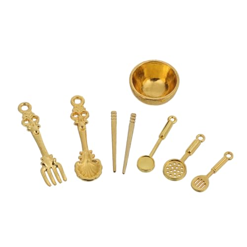 Abaodam 8stücke Miniatur-schüssel Und Besteck-Set Für Puppenhaus Mit Und Löffel Kochgeschirr-zubehör Für Spiellebensmittel Spielzeug Goldfarben von Abaodam