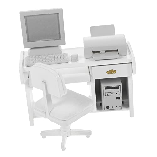 Abaodam 1 Satz Miniatur Weißes Schreibtischmöbel für Puppenhaus Büro Szene mit Computer Tastatur Drucker Dollhouse Zubehör für Dekoration von Abaodam