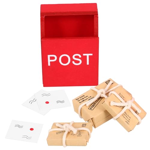 Abaodam 1 Set Puppenhaus-Briefkasten aus Holz, rot, mit Briefsack und Postkarten-Ornamenten, Puppenhaus-Zubehör für Miniaturgarten-Requisiten und kreatives Spielen von Abaodam