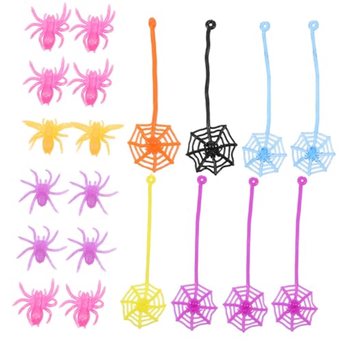 Abaodam 24Stücke Teiliges Halloween Dekoset mit Bunten Spinnen und Spinnennetzen Weiche Dehnbare Streichspielzeuge für Gruselpartys für Halloween Dekoration und Scherze Bars von Abaodam