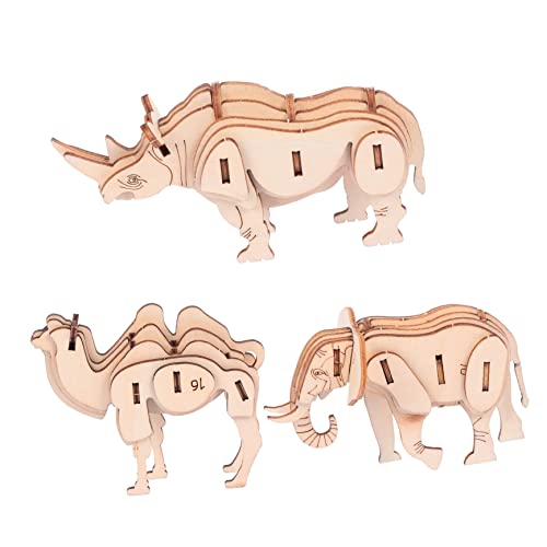 Abaodam 3-teiliges Holztier-Puzzle-Modellbausatz, DIY-Modell zur Verbesserung des logischen Denkens, Konzentration, Spaß, Bastelaktivität für Eltern, inklusive Elefant, Kamel, Nashorn von Abaodam