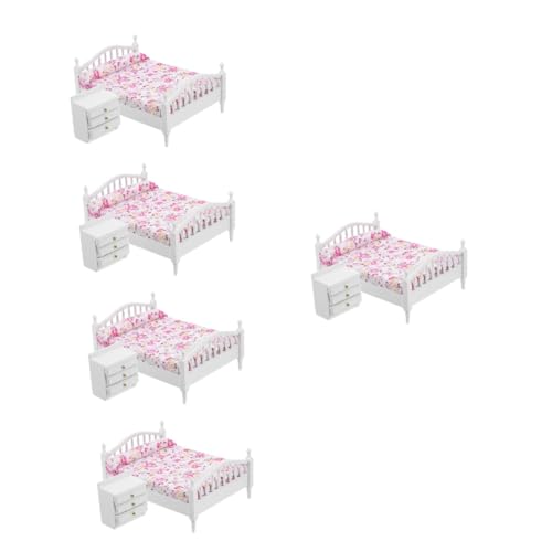 Abaodam 5 Sätze Puppenhausbett weißer Nachttisch Schlafzimmer zubehör puppenhaus deko Wohnkultur Möbel Puppenhaus-Bett-Modell Mini-Modell Miniatur Puppenbett Anhänger Minibett Stoff von Abaodam