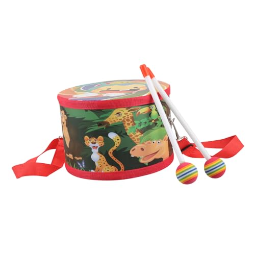 Abaodam Holzspielzeug Schlagzeug mit Verstellbarem Gurt und Drumsticks Doppelseitiges Percussion Instrument Handliches Trommel Set mit Tiermotiven für Kleinkinder von Abaodam