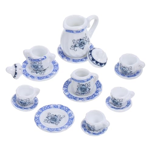 Abaodam Miniatur Puppenhaus Teeservice Teilig Keramisches Blau Geblümtes Tee und Tassenmodell Detailreiches Puppenhaus Zubehör für Realistische Wohnküche Langlebiges Dekorationsspielzeug von Abaodam
