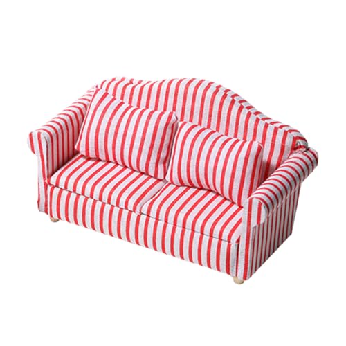 Abaodam Puppenhaus Sofa Gestreift Rot Weiß Micro Möbel Dekoration Robustes Miniatur Doppelsofa für DIY Puppenhaus Wohnzimmer und Vielseitiges Wohnaccessoire von Abaodam