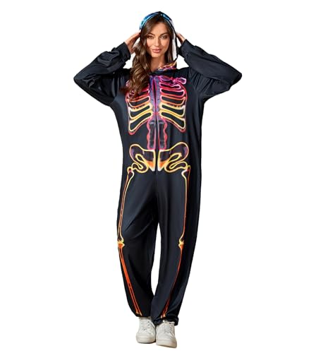Abaowedding Skelett-Einteiler-Kostüm für Erwachsene, mehrfarbig, Halloween-Overall mit Kapuze, Totenkopf-Body für Damen (Mehrfarbig, XL) von Abaowedding