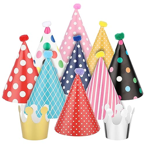 11 Stück Partyhüte Set - Bunte Kegel Hüte Zum Geburtstag - 9 Mit Pompoms Und 2 Kronen - Für Familienfeiern, Kinder Und Erwachsene von Abeillo