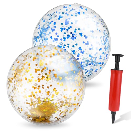 2 Stück Aufblasbare Wasserball,Glitter Wasserball,Bunt Aufblasbare Strandball,Glitter Beach Balls mit Konfetti,Schwimmball mit Pumpe für Sommer Beach Pool Party (Gold+Blau) von Abeillo
