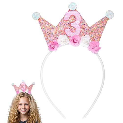 Abeillo 3 Jahr Geburtstagskrone,Mädchen Prinzessin 3 Jahre Krone Geburtstag,Geburtstag Krone Stirnband mit Rose Blumen,3 Jahr Geburtstagskrone Mädchen,Baby Geburtstag Partyhüte Party Deko von Abeillo
