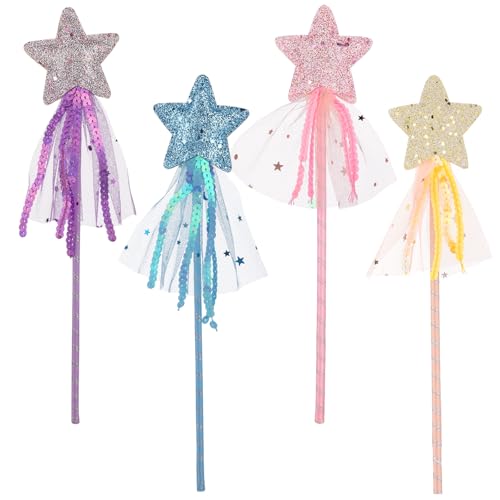 Abeillo 4 Stück Stern Glitzer Zauberstab,Prinzessin Sternform Zauberstab,Fee Magic Wand für Kinder, Weihnachten Halloween Geburtstagsfeier Dekoration für Mädchen von Abeillo