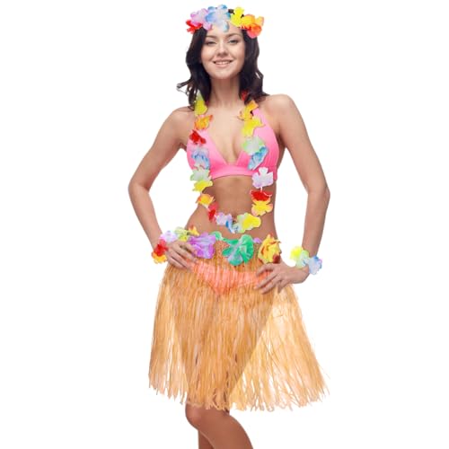 Abeillo 5 Pack Hawaiian Hula Grass Skirt for Hawaii Luau Party, Hula Dancing Skirt with Hawaiian Lei Hawaii Party Dress Up Costume Accessory (Yellow) von Abeillo