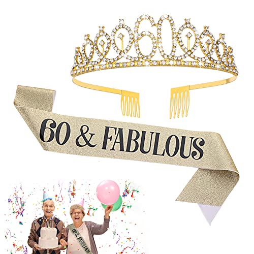 Abeillo 60 Geburtstag Krone und Schärpe, 60. Geburtstag Tiara 60 & Fabulous Schärpe, 60 Geburtstag Deko für 60. Geburtstag Frauen Geschenk von Abeillo