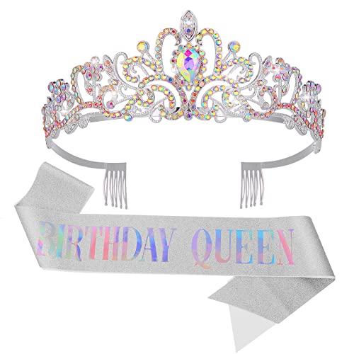 Abeillo Geburtstagskrone und Schärpe, Geburtstag Frauen Geschenk, Birthday Queen Kristall Geburtstags Tiara und Schärpe zum Geburtstag für Party Deko (Birthday Queen-B) von Abeillo