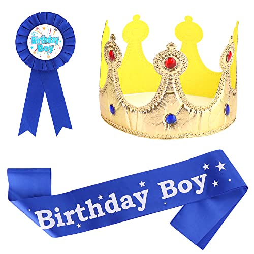 3 Stück Krone Geburtstag Junge Set, Geburtstag Junge Gürtel, Birthday Boy Krone Schärpe Abzeichen, Geburtstag König Krone Deko für Jungen Geburtstag Party Dekoration von Abeillo