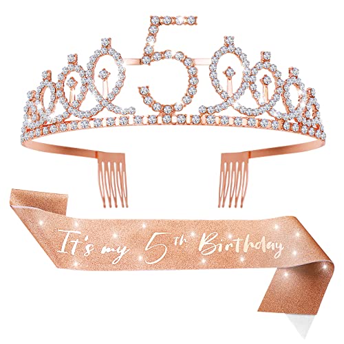 Abeillo 5. Geburtstag Krone Mädchen, 5 Geburtstag Krone Schärpe, Mädchen Schärpe & Strass Tiara Kit, Geburtstag Party Deko, Birthday Krone für Geburtstag Geschenk Partyzubehör Prinzessin Party von Abeillo