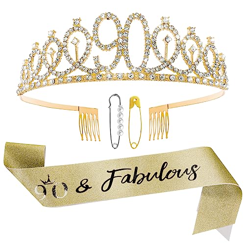 Abeillo Schärpe und Tiara zum 90. Geburtstag, Goldfarben, 90 & fabelhafte Schärpe und Strass-Krone, Geschenk zum 90. Geburtstag für Frauen, Party-Dekorationen von Abeillo