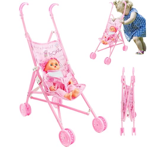 Babypuppenwagen Set, Faltbare tragbare Puppenwagen mit, süßem Fähigkeitsbaby mit großen Augen und tragbaren Kleidung, Kutsche für Kleinkinder Mädchen mit von Abibiocy