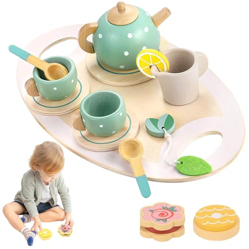 Abiemuce Teeservice Kinder Holz Set, Kinderküche Zubehör, Teeparty Spielküche Rollenspiele für Kleine Mädchen Ab 3 Jahren von Abiemuce