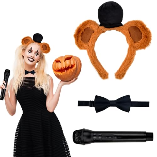 Abitoncc Bärenohren-Kostüm-Set, Hut, Stirnband mit Fliege, Mikrofon, Requisite, für Damen und Herren, Bären-Kostüm, Zubehör für Halloween-Party, 3-teilig von Abitoncc