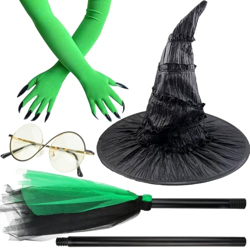 Abitoncc Grünes Hexenkostüm, Zubehör für Damen, Hexenhut, Brille, grüne Handschuhe, Besenstiel, Theaterverkleidungsset für Halloween-Partys von Abitoncc