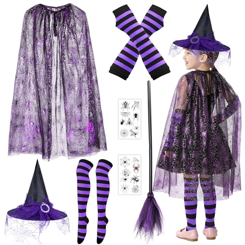 Abitoncc Halloween-Hexenkostüm für Kinder, violettes Spinnennetz-Umhang, Hut, Besen, Ärmel und gestreifte Strümpfe für Hexenweltbuchtag, Halloween-Kostüm, Kinder, Mädchen, 90 cm, 7 Stück von Abitoncc