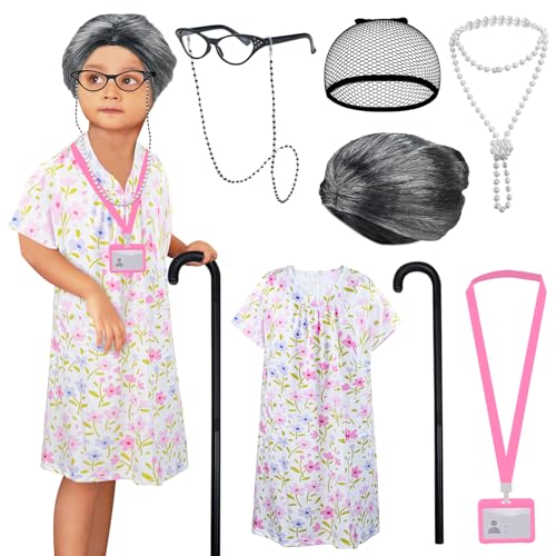 Abitoncc Kostüm für alte Dame, Zubehör für Mädchen, inklusive Oma-Perücke, Oma-Kleid, Gehstock, Brillenketten für Halloween, Schule Abitoncc Kostüm für alte Dame, Zubehör für Mädchen, inklusive Oma-Perücke, Oma-Kleid, Gehstock, Brillenketten für Halloween, Schule von Abitoncc