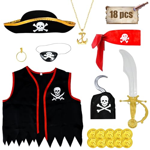 Abitoncc Piratenzubehör für Kinder, Piratenkostüm, Zubehör, Kinder, Jungen, Mädchen, Mütze, Kapitänshaken, Augenklappe für Welttag des Buches, Halloween-Kostüm, Kind (100) von Abitoncc