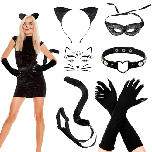 Abitoncc Schwarze Katze Kostüm Zubehör für Frauen mit Glitzer Maske Ohren Stirnband Handschuhe Choke Plüsch Schwanz Tattoo für Halloween Weihnachten von Abitoncc