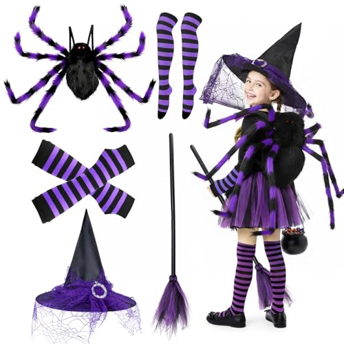Abitoncc Spinnenkostüm für Kinder, Süßigkeitenbeutel mit Flügeln, Hut, Besen, Ärmeln und gestreiften Strümpfen für Spinne, Halloween-Kostüm, Kinder, 5 Stück von Abitoncc