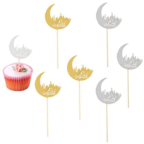 Abnaok 12 Stück Cupcake Topper, Cake Topper Happy Birthday Deko Torte Glitzer-Mond Eid Mubarak Topper Mubarak Ramadan Tortendeko Tortendeko Geburtstag Gold und Silber von Abnaok