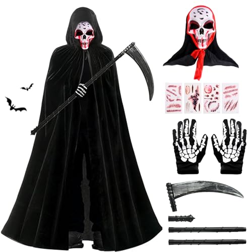 Abnaok 8Teiliges Set Halloween Kostüm Sensenmann, Helloween Kostüme Umhang mit Maske Handschuhe, Plastiksense und Aufkleber für Männer/kinder von Abnaok