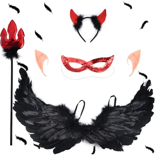 Abnaok Engelsflügel Faschingskostüme Damen, Teufel Kostüm Damen Engel Flügel Schwarz, Halloween Flügel Deko von Abnaok