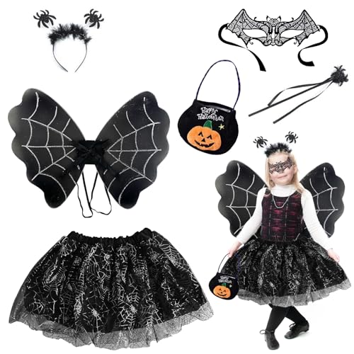 Abnaok Fledermaus Kostüm Mädche, 6-teiliges Set-Halloween Tragetasche Batmaske, Tiara, Stab, Flügel und Tutu, Halloween Kostüme für Kinder Kostüm Halloween Mädchen (Schwarz) von Abnaok