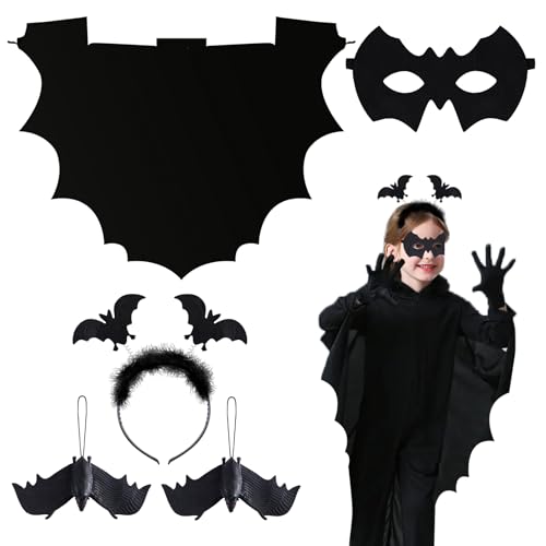 Abnaok Fledermaus Kostüm Mädchen Jungen, 5-teiliges Set Halloween Kostüm Kinder Fledermaus- Fledermaus Flügel+Fledermaus Maske+Fledermaus Haarspangen+2 Silikon Fledermäuse (age 3-4) von Abnaok