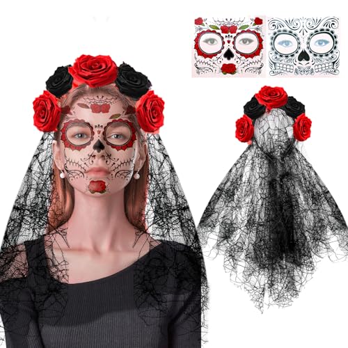 Abnaok Haarreif mit Rosen und Halloween Temporäre Gesicht Tattoos, Blumen Faschingskostüme Damen Tag der Toten Schleie, Rosen Haarreif mit Blumen und Schleier von Abnaok