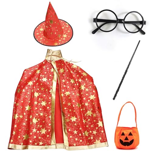 Abnaok Halloween Kostüme Kinder mit Hut, Zauberer Mantel Kinder Kostüm Cosplay Kostüm Jungen/Mädchen, Rot von Abnaok