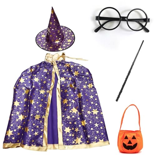 Abnaok Kinder Halloween Kostüme, Zauberer Kostüm Kinder Umhang mit Hut, Zauberer Mantel Kinder Kostüm Cosplay Kostüm Jungen/Mädchen (Lila) von Abnaok