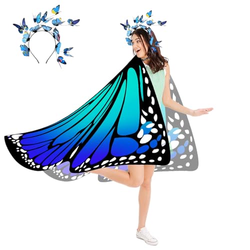 Abnaok Schmetterling Kostüm Damen mit Haarreif, Karnevalskostüme Damen mit Strassdruck Halsband, Schmetterlingsflügel Damen Erwachsene (Blau & Grün) von Abnaok