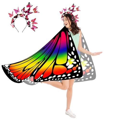 Abnaok Schmetterling Kostüm Damen mit Haarreif, Karnevalskostüme Damen mit Strassdruck Halsband, Schmetterlingsflügel Damen Erwachsene (Mehrfarbig) von Abnaok