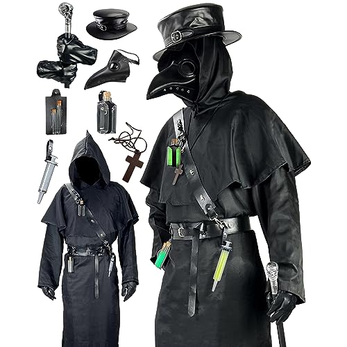 Pestarzt Kostüm Set Halloween Requisiten Renaissance Mittelalter Mönch Priester Cosplay Outfit Maske Hut Robe Cane (Schwarz, M) von Absolute Vibe